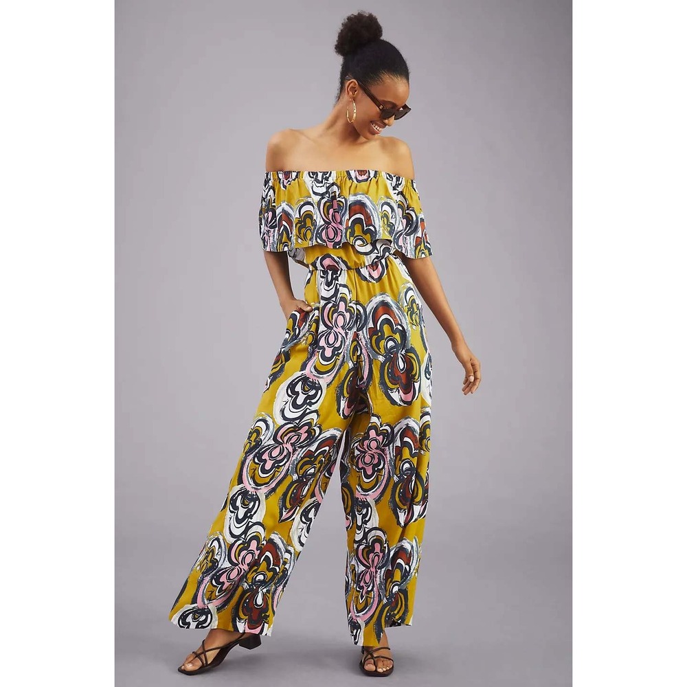 BEL KAZAN NWT Lilly Off Shoulder Wide Leg‎ Jumpsuit Print Size Small